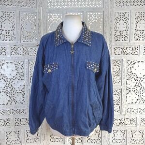Vtg Embellished Retro Denim Bomber Jacket Womens Medium Grunge 90's Bedazzled